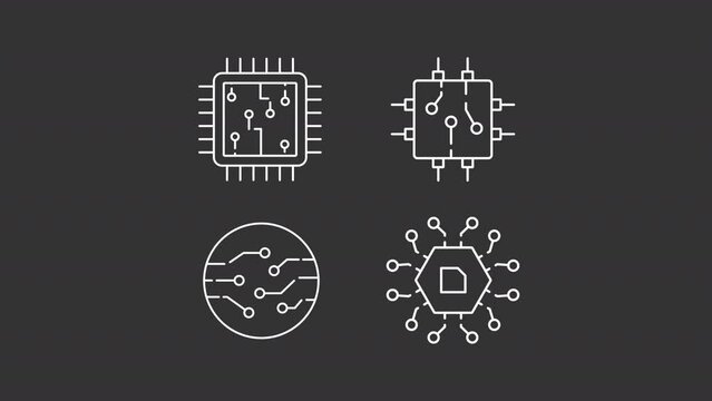 Cpu circuits animation library. Electronic component animated white line icons. Moving signals, scaling circles. Isolated illustrations on dark background. Transition alpha. HD video. Icon pack