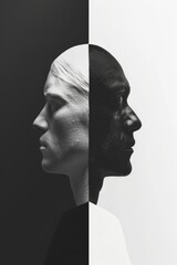 A monochrome artistic portrayal of a human profile, split between black and white halves, illustrating a striking contrast and profound symbolism in photography.