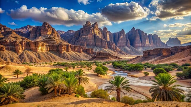 Scenic Wadi Al Disah valley landscape in Tabuk region of western Saudi Arabia featuring rugged mountains and vast sandy dunes.