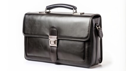 Elegant black leather business briefcase with laptop compartment and zipper Closure isolated on a clean white studio background.
