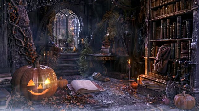 the Halloween decorations, you find an old, dusty journal with cryptic entries about a rooftop curse. seamless looping time-lapse virtual 4k video animation