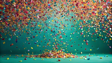 Vibrant multicolored confetti pieces cascade downward against a bright teal background, evoking a sense of joyful celebration and triumphant achievement.