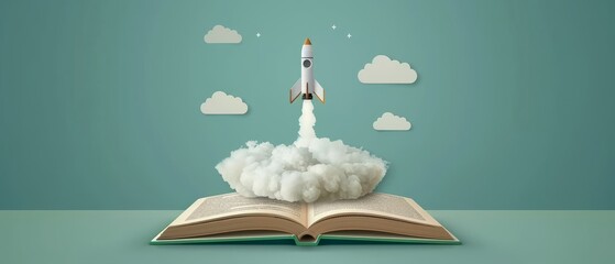 An open book with a white rocket launching from its pages, symbolizing the excitement and opportunities of the new school year. Back to school.