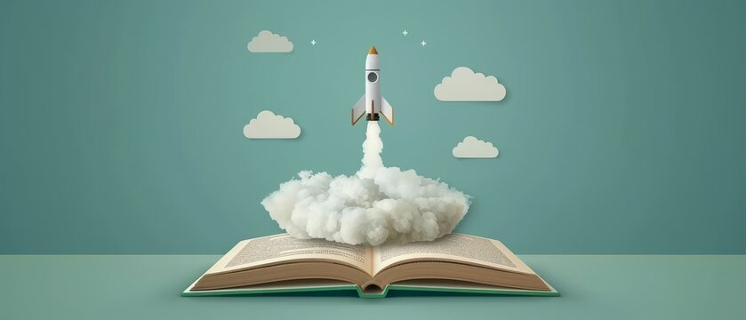 An open book with a white rocket launching from its pages, symbolizing the excitement and opportunities of the new school year. Back to school.