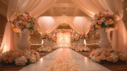 A wedding ceremony venue decorated with white drapes, flowers, and a white aisle runner. The flowers are arranged in large vases and line the aisle.