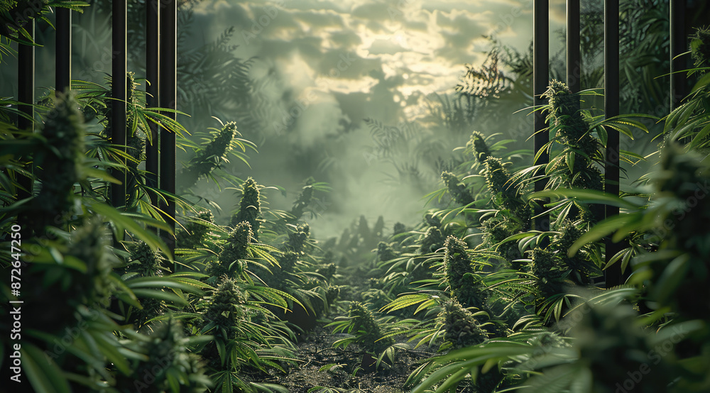 Poster clean background of gate broken through, cannabis seen on one side of gate, detailed and lifelike, r