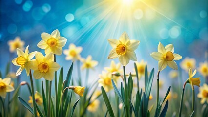 Fototapeta premium Serenely minimalist light blue spring background with delicate, bright yellow daffodils swaying gently in a soft, warm, sunny atmosphere.
