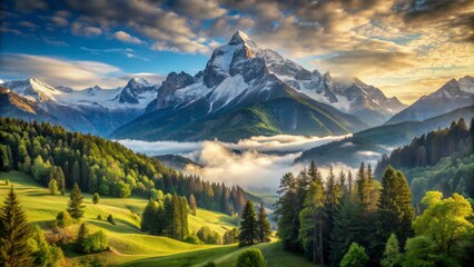 Majestic snow-capped peak of European Alps mountain range towering above serene valley with lush green forests and misty atmosphere.