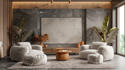 Cozy living room with wooden decor, comfortable furniture, and warm lighting.