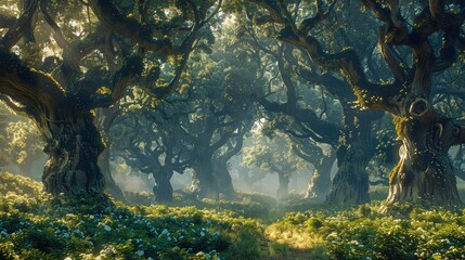 A beautiful fairytale enchanted forest with big trees and great vegetation