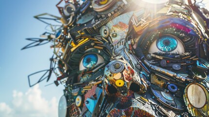 Fototapeta premium Art festival, close-up, intricate details of a sculpture crafted from upcycled materials