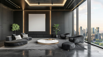 Modern living room with grey tones, sleek furniture, and city view.