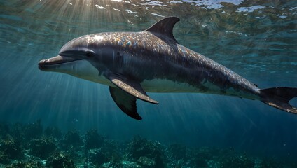 A poem inspired by the shimmering, iridescent skin of a rare colorful dolphin spotted in tropical waters ai_generated