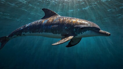 A poem inspired by the shimmering, iridescent skin of a rare colorful dolphin spotted in tropical waters ai_generated