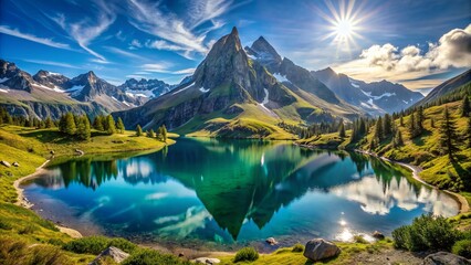 Magnificent serene landscape of vast sandy dunes, majestic rocky cliffs, and endless blue skies, beckoning adventure and discovery.