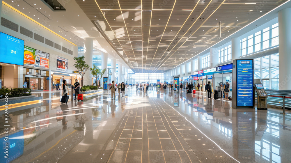 Sticker An efficient and modern airport terminal, with digital displays, travelers moving through security, and a variety of shops and amenities