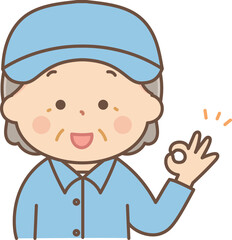 オッケーサインをする作業服のシニア女性