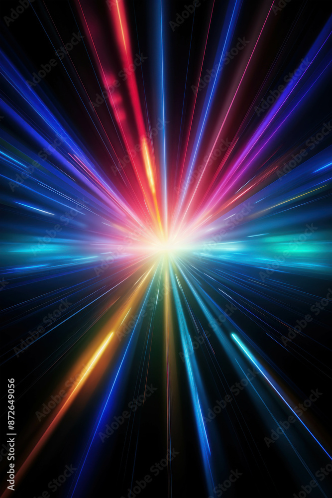 Poster radiant explosion of multicolored light beams in space representing a cosmic event