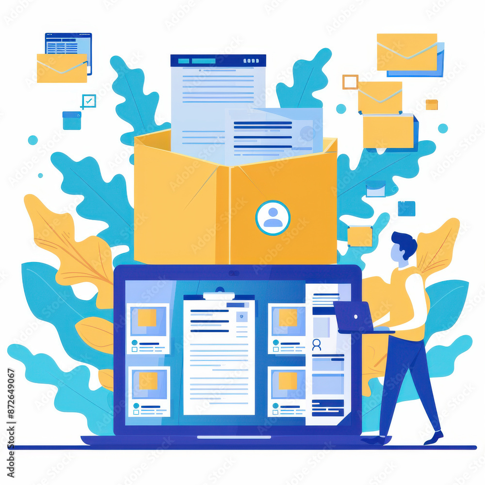 Poster document management concept. person use laptop to paperless online approval for business process wor
