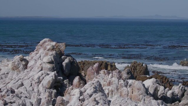 Robben Island South Africa Rocky Coastline Slow Pan From R to L