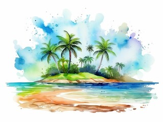 Fototapeta premium watercolor Beach scene with palm trees and seashells, tropical paradise, realistic style, bright colors, Watercolor seascapes illustration.