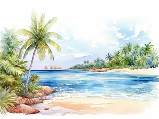 watercolor Beach scene with palm trees and seashells, tropical paradise, realistic style, bright colors, Watercolor seascapes illustration.