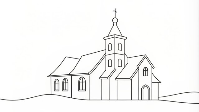 Minimalist continuous line art drawing of abstract church building with tower isolated on white background in black linear sketch style.