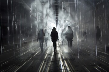 People walk through light beams in misty atmosphere.