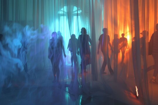 Silhouettes with orange and blue light backdrop.