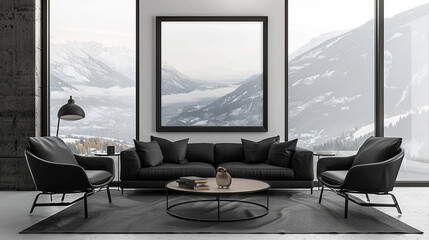 Fototapeta premium Modern living room with black furniture, large windows, and a mountain view.
