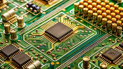 Close-up of intricate electronic pathways and components on a green printed circuit board with golden connectors and microchips.