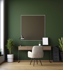 Minimal and comfort home working space interior with wooden furniture, copy space for montage on wooden table and blank frame on white wall