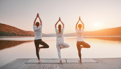  Group of people doing yoga exercises by the lake at sunset 