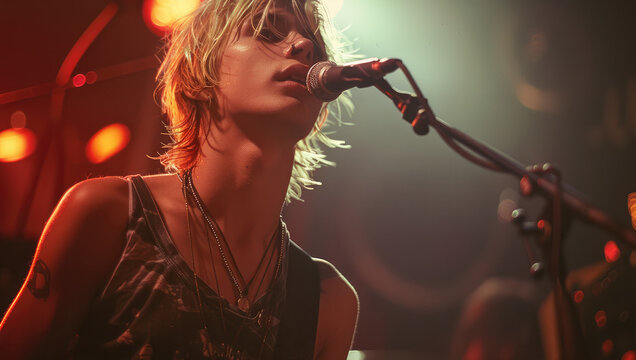 On stage at a rock concert, a young blond singer with broad shoulders wearing t-shirt is singing. Generative AI.