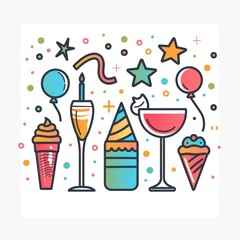 A simple vector icon illustration depicting the group of party supply items at center for a website isolated white background