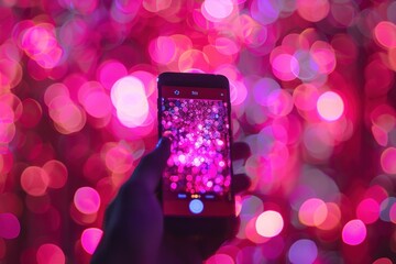 Phone capturing pink bokeh lights in the night