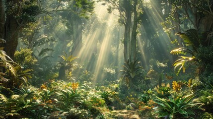 A beautiful fairytale enchanted forest with big trees and great vegetation