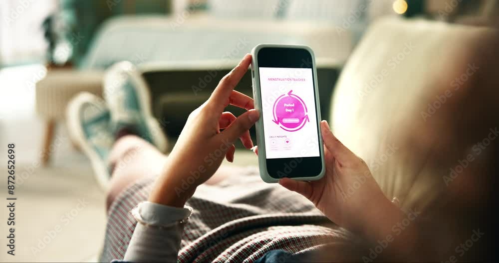 Poster woman, hands and counting with phone screen for menstrual cycle, update or hormonal phase on sofa at
