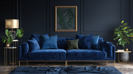 Elegant living room with blue furniture, modern decor, and a sophisticated feel.