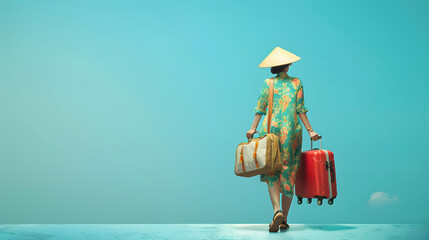 Travel-themed, a Vietnamese woman picking the luggage, walking with copy space on a blue background.