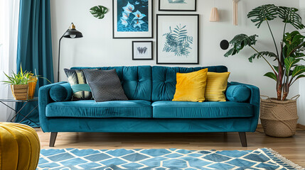 Modern living room with teal sofa, yellow cushions, and blue rug, similar to image 3426.