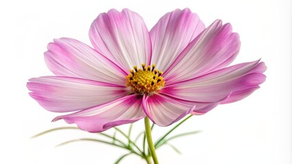 Obraz premium Delicate, feathery pink cosmos flower with intricate details and soft focus, isolated on a pure white, clean background.