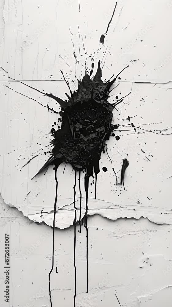 Poster a splash of black paint streaks across a white wall creating a stark contrast and adding an element 