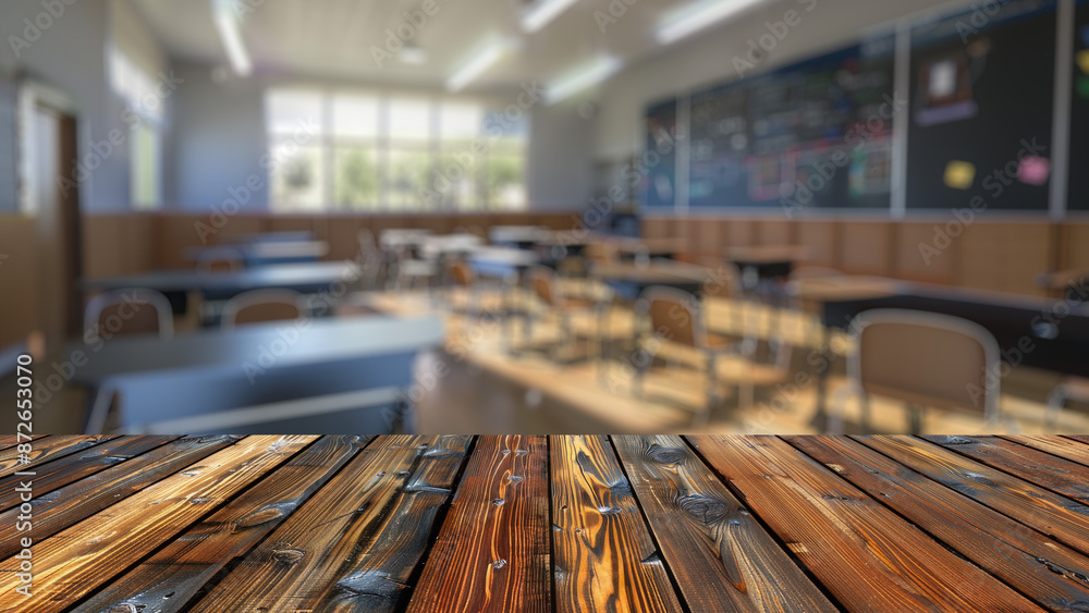 Poster empty wood table top with blur background of classroom in school. the table giving copy space for pl