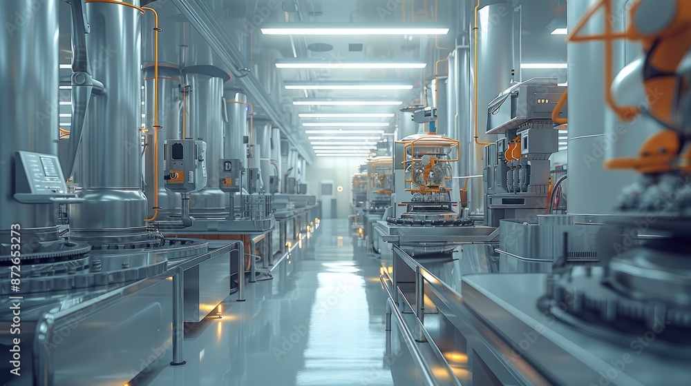Poster an industrial factory with high-tech equipment and a clean environment. generative ai.