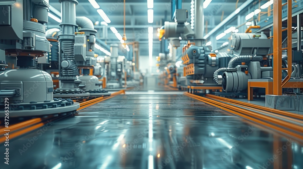 Poster an industrial factory with high-tech equipment and a clean environment. generative ai.