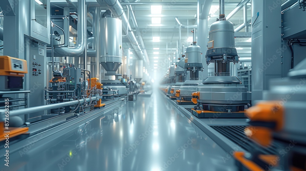 Poster An industrial factory with high-tech equipment and a clean environment. Generative AI.