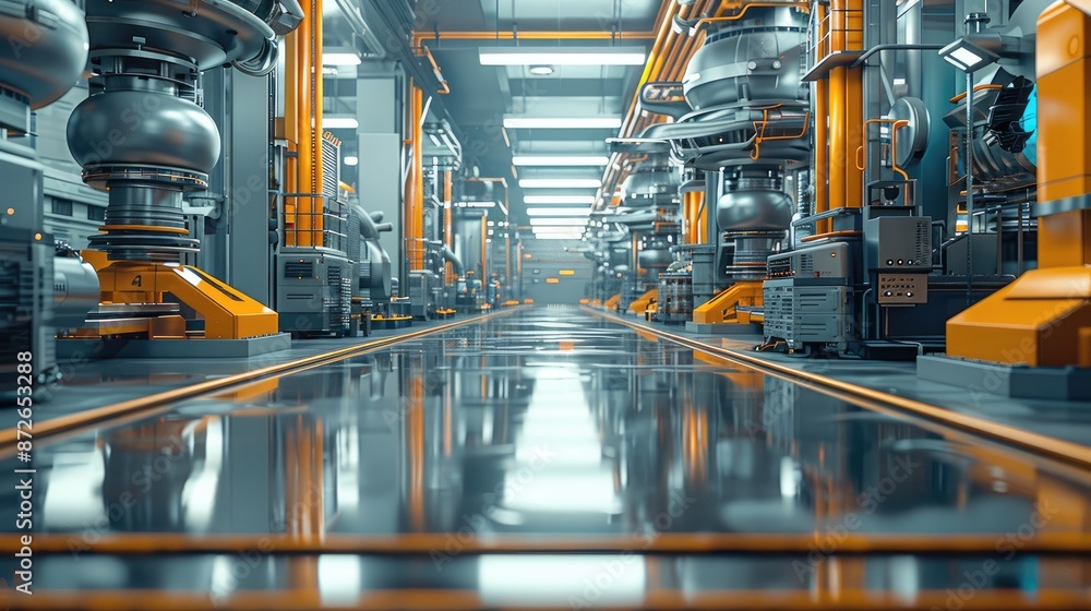Poster an industrial factory with high-tech equipment and a clean environment. generative ai.