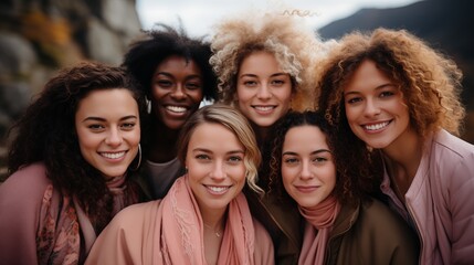 Obraz premium Diverse group of women smiling outdoors. Group of six diverse women smiling together in an outdoor setting, showcasing friendship and unity.