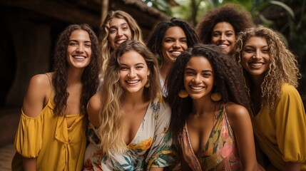 Obraz premium Happy group of women in summer dresses. Cheerful group of seven women in colorful summer dresses, smiling and enjoying a sunny day outdoors.